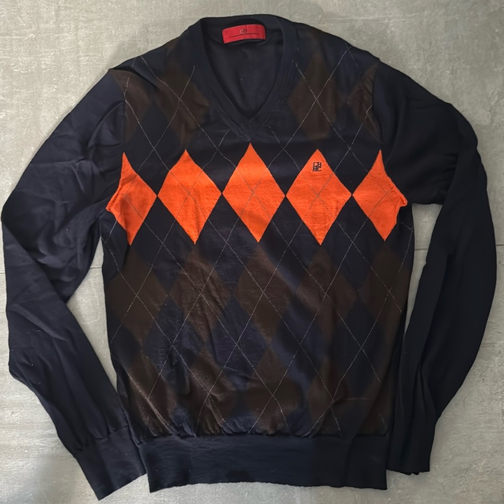 Classic Carolina Herrera Navy & Orange Argyle Sweater